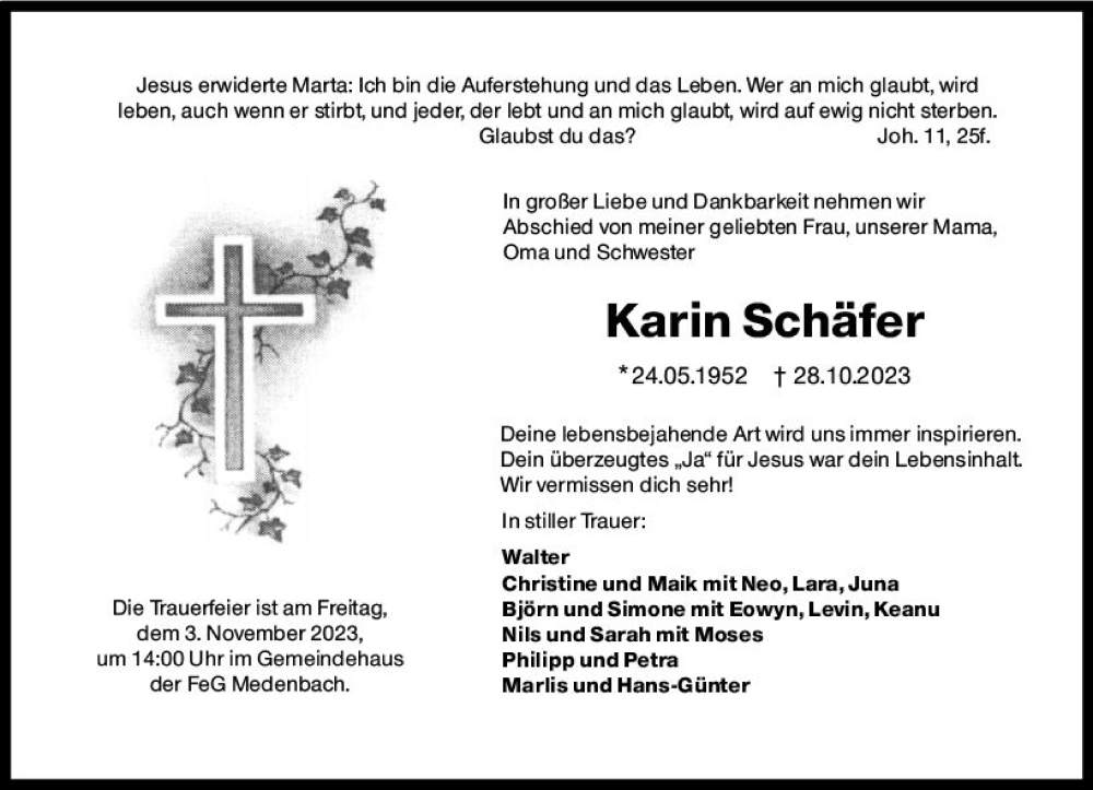  Traueranzeige für Karin Schäfer vom 01.11.2023 aus Dill Block