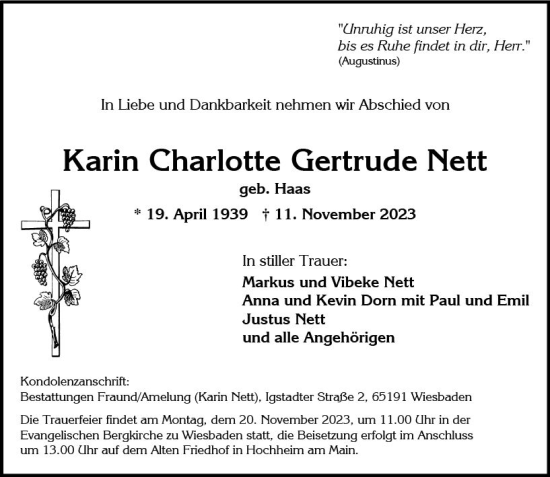 Traueranzeige von Karin Charlotte Gertrude Nett von Wiesbadener Kurier