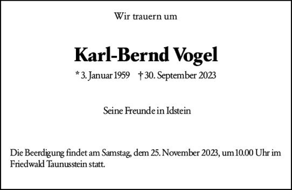  Traueranzeige für Karl-Bernd Vogel vom 18.11.2023 aus Wiesbadener Kurier