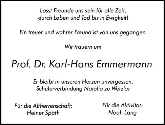 Traueranzeige von Karl-Hans Emmermann von Wetzlarer Neue Zeitung