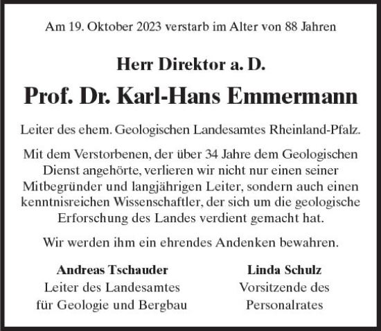 Traueranzeige von Karl-Hans Emmermann von Allgemeine Zeitung Mainz