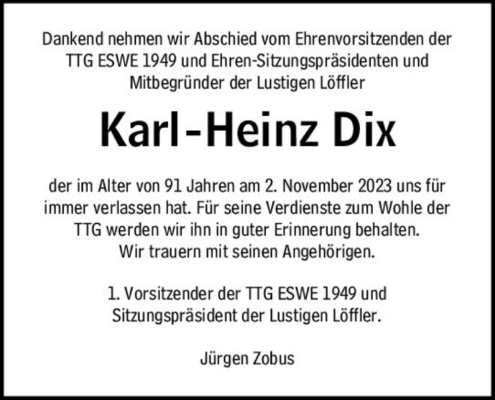  Traueranzeige für Karl-Heinz Dix vom 18.11.2023 aus Wiesbadener Kurier