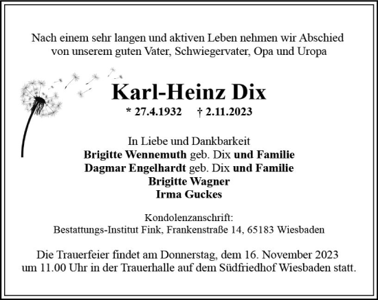 Traueranzeige von Karl-Heinz Dix von Wiesbadener Kurier