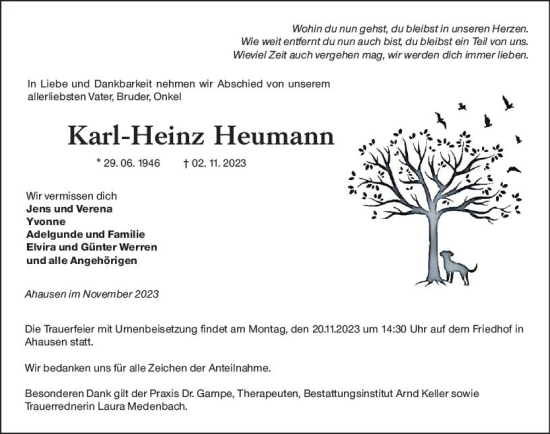 Traueranzeige von Karl-Heinz Heumann von Weilburger Tageblatt