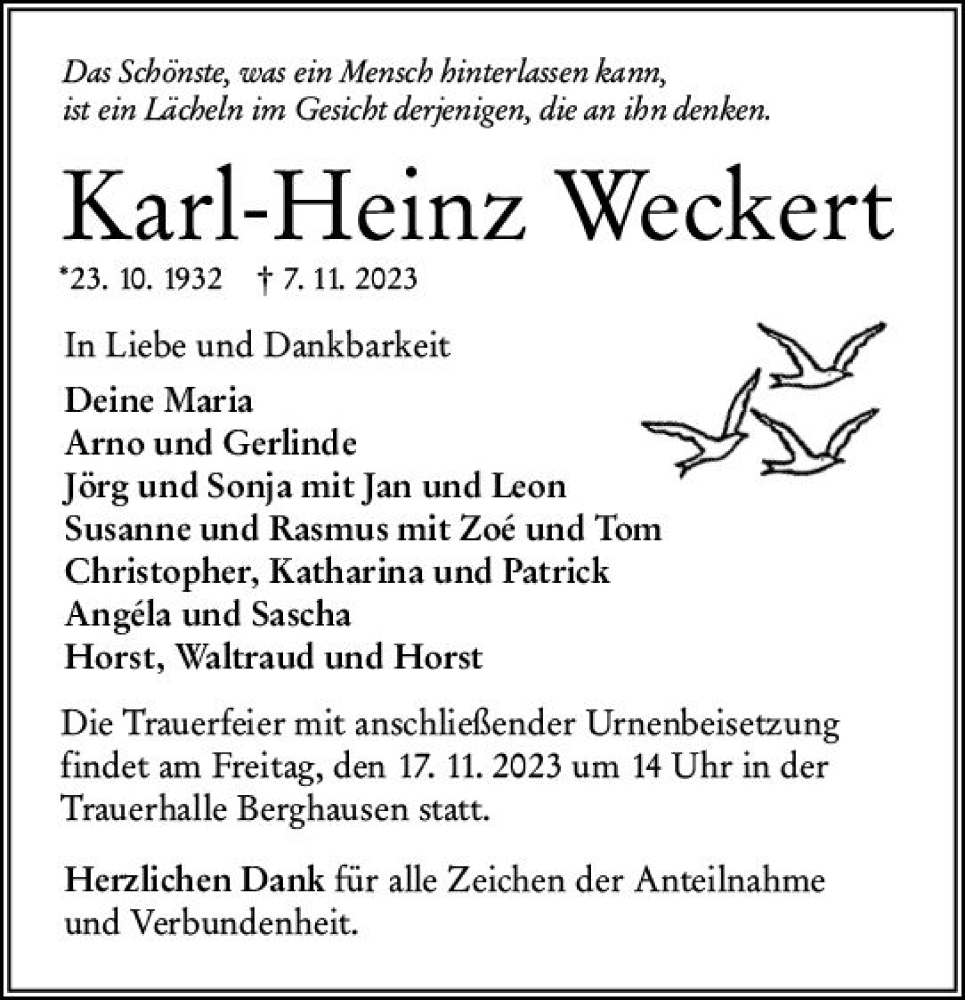  Traueranzeige für Karl-Heinz Weckert vom 15.11.2023 aus Wetzlarer Neue Zeitung