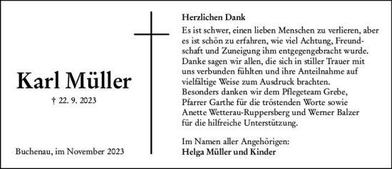 Traueranzeige von Karl Müller von Hinterländer Anzeiger