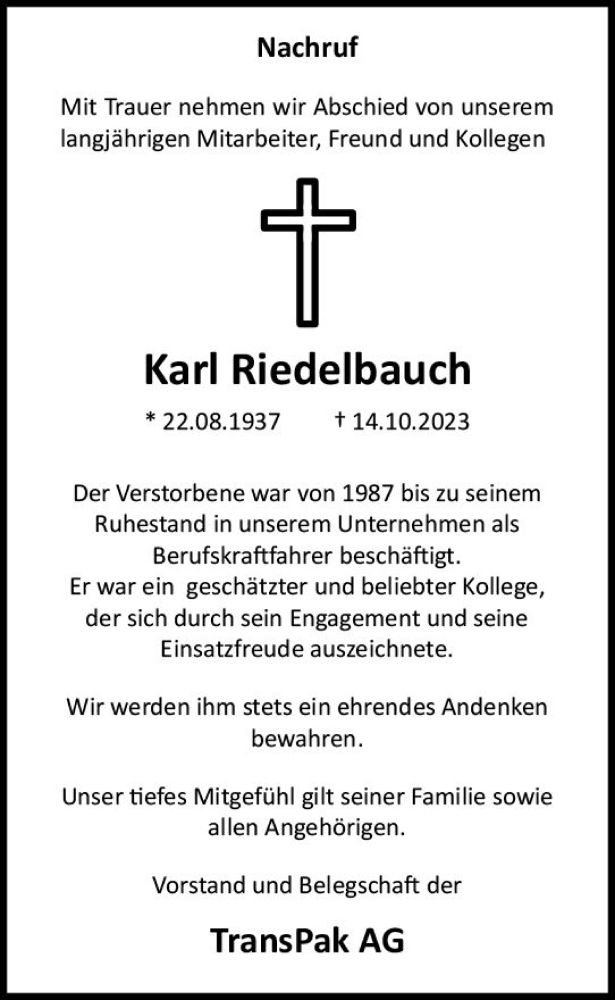  Traueranzeige für Karl Riedelbauch vom 09.11.2023 aus Wetzlarer Neue Zeitung