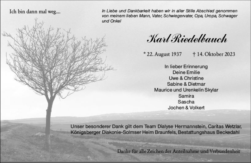  Traueranzeige für Karl Riedelbauch vom 04.11.2023 aus Wetzlarer Neue Zeitung