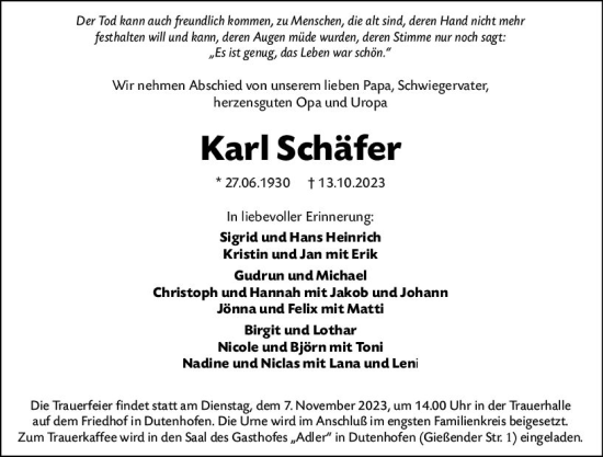 Traueranzeige von Karl Schäfer von Wetzlarer Neue Zeitung