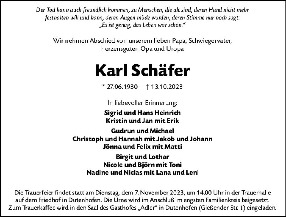  Traueranzeige für Karl Schäfer vom 04.11.2023 aus Wetzlarer Neue Zeitung