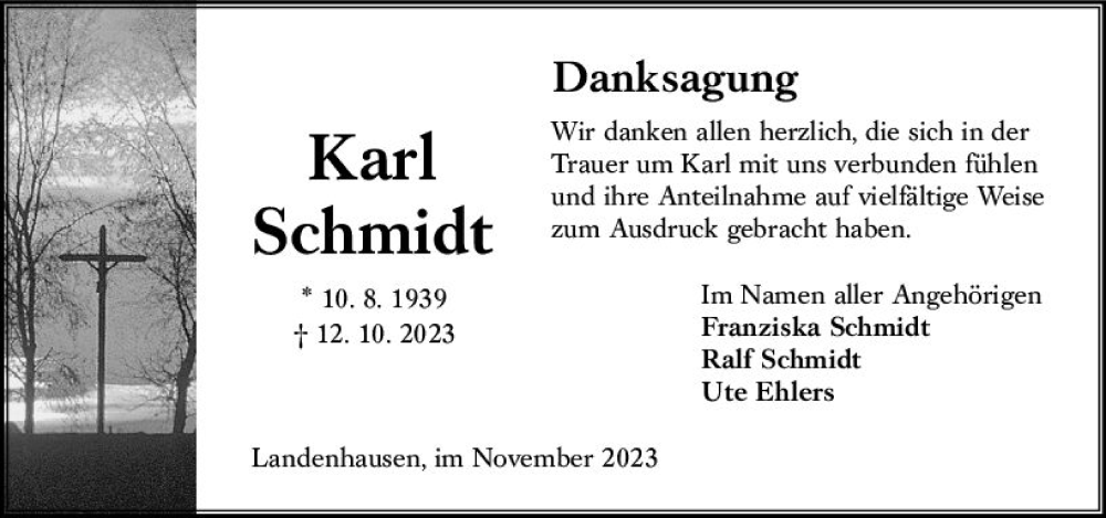  Traueranzeige für Karl Schmidt vom 25.11.2023 aus Oberhessen Kurier