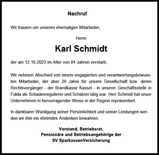 Traueranzeige von Karl Schmidt von VRM Trauer