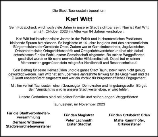 Traueranzeige von Karl Witt von Idsteiner Land/Untertaunus