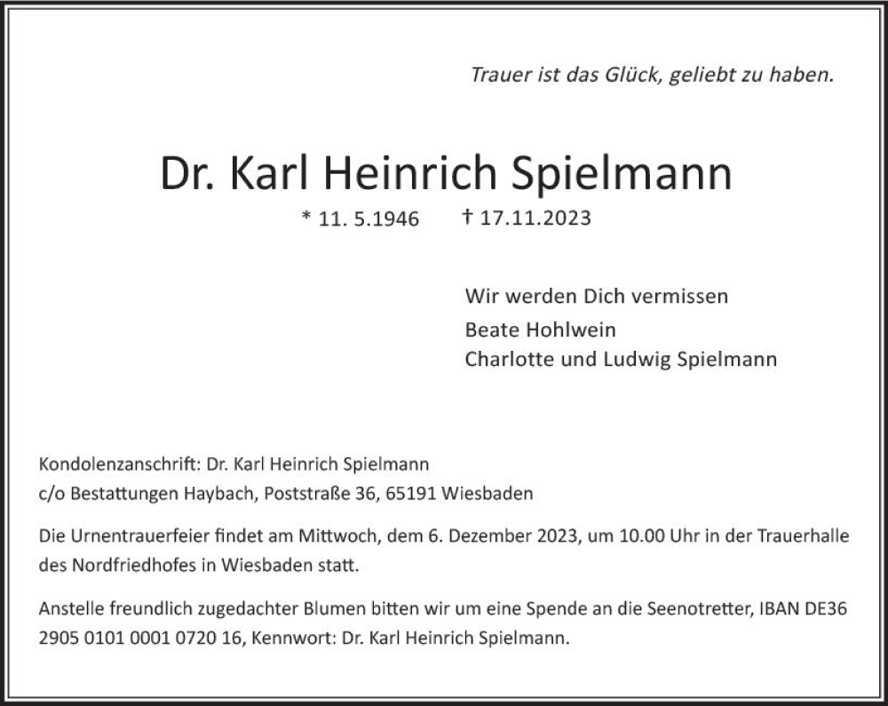  Traueranzeige für Karl Heinrich Spielmann vom 25.11.2023 aus Wiesbadener Kurier