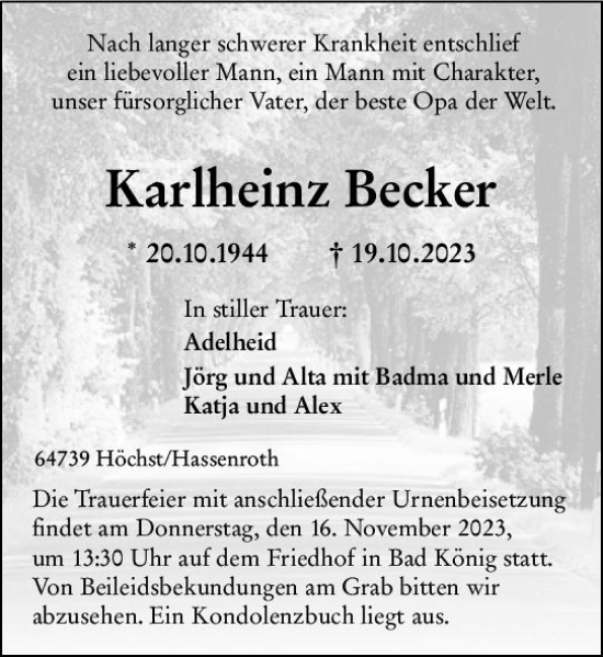 Traueranzeige von Karlheinz Becker von Odenwälder Echo