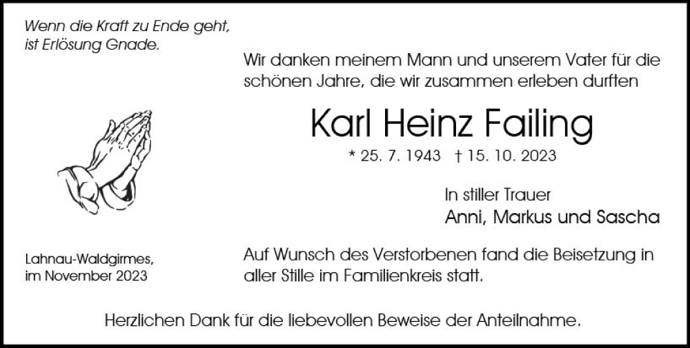  Traueranzeige für Karl Heinz Failing vom 04.11.2023 aus Wetzlarer Neue Zeitung