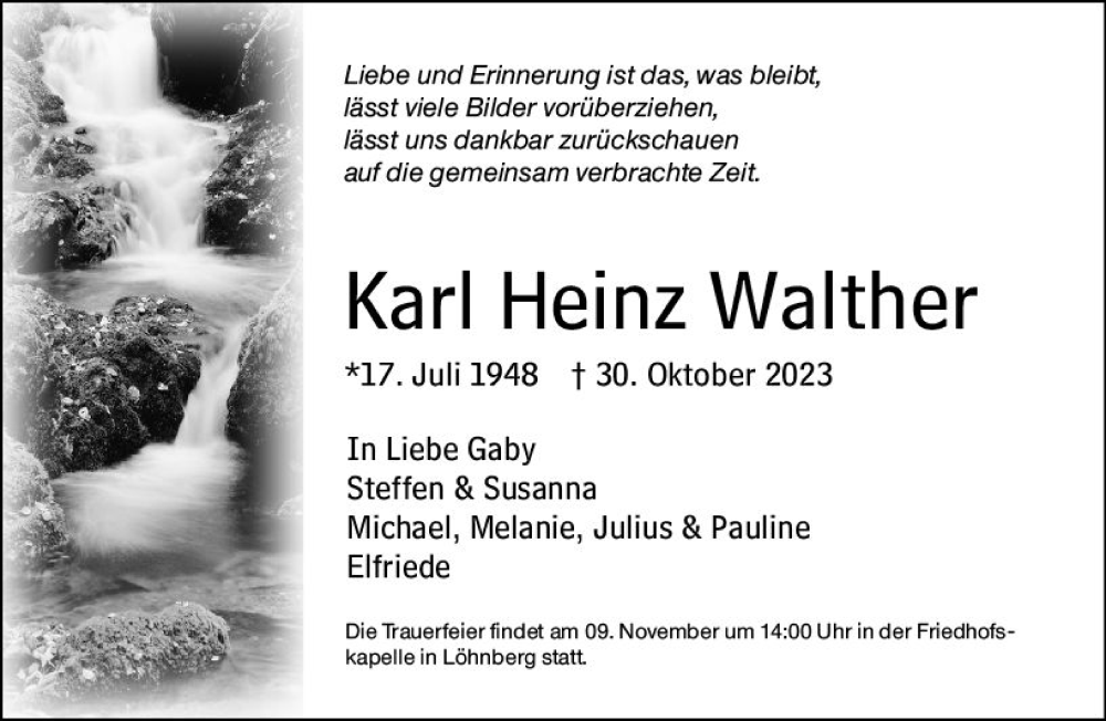  Traueranzeige für Karl Heinz Walther vom 02.11.2023 aus Weilburger Tageblatt