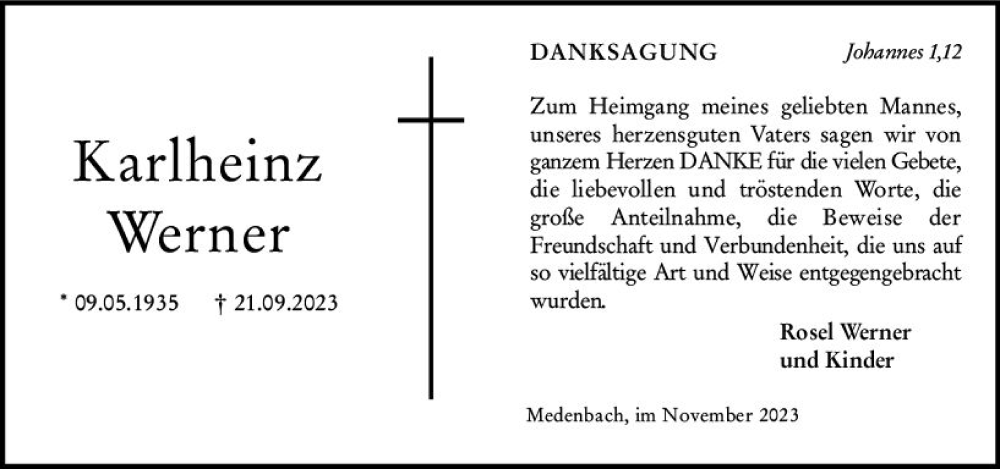  Traueranzeige für Karlheinz Werner vom 11.11.2023 aus Dill Block