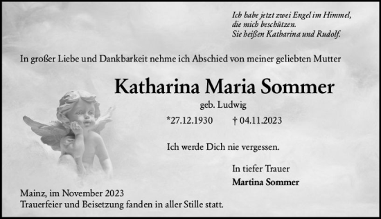 Traueranzeige von Katharina Maria Sommer von Allgemeine Zeitung Mainz