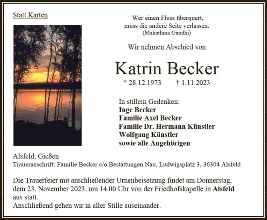 Traueranzeige von Katrin Becker von VRM Trauer