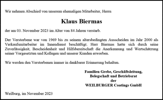 Traueranzeige von Klaus Biermas von Weilburger Tageblatt