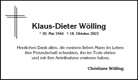 Traueranzeige von Klaus-Dieter Wölling von Wiesbadener Kurier