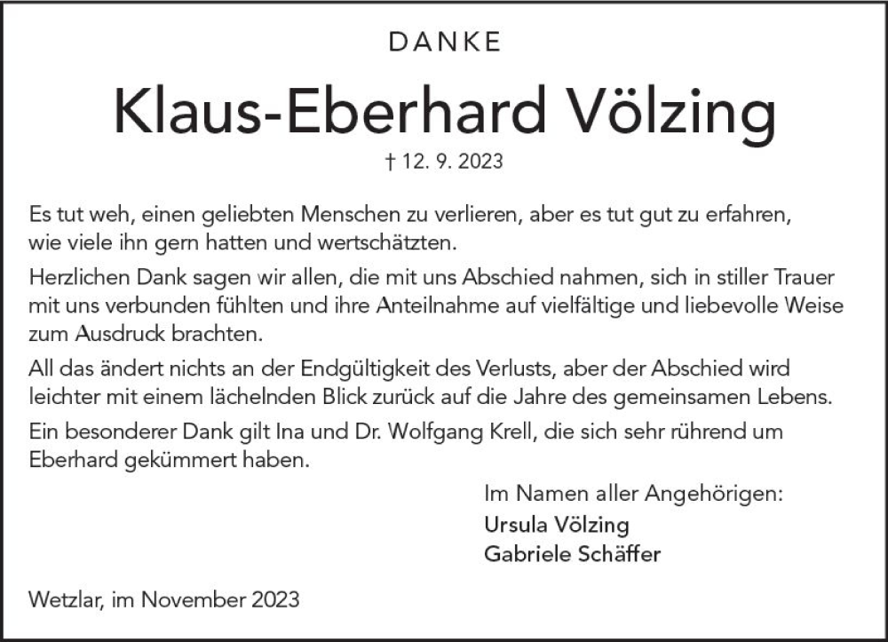  Traueranzeige für Klaus-Eberhard Völzing vom 11.11.2023 aus Wetzlarer Neue Zeitung