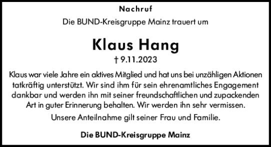 Traueranzeige von Klaus Hang von Allgemeine Zeitung Mainz