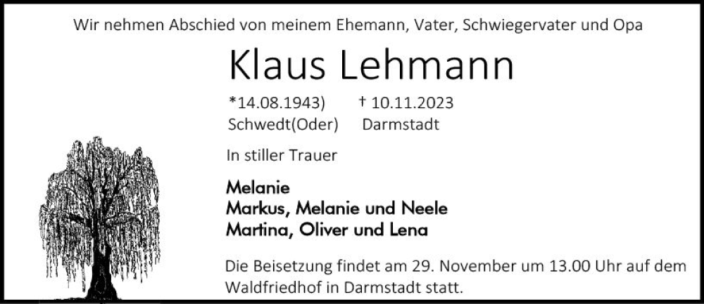  Traueranzeige für Klaus Lehmann vom 25.11.2023 aus Darmstädter Echo