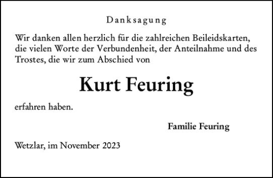Traueranzeige von Kurt Feuring von Wetzlarer Neue Zeitung