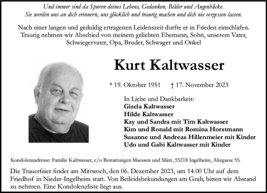 Traueranzeige von Kurt Kaltwasser von Allgemeine Zeitung Bingen/Ingelheim