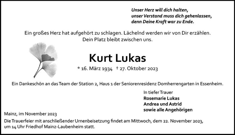  Traueranzeige für Kurt Lukas vom 18.11.2023 aus Allgemeine Zeitung Mainz