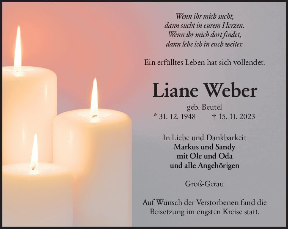  Traueranzeige für Liane Weber vom 25.11.2023 aus Groß-Gerauer Echo