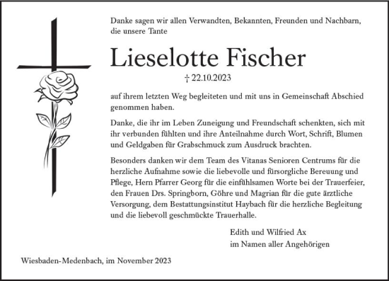 Traueranzeige von Lieselotte Fischer von Wiesbadener Kurier