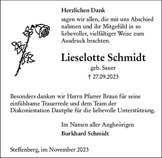 Traueranzeige von Lieselotte Schmidt von Hinterländer Anzeiger