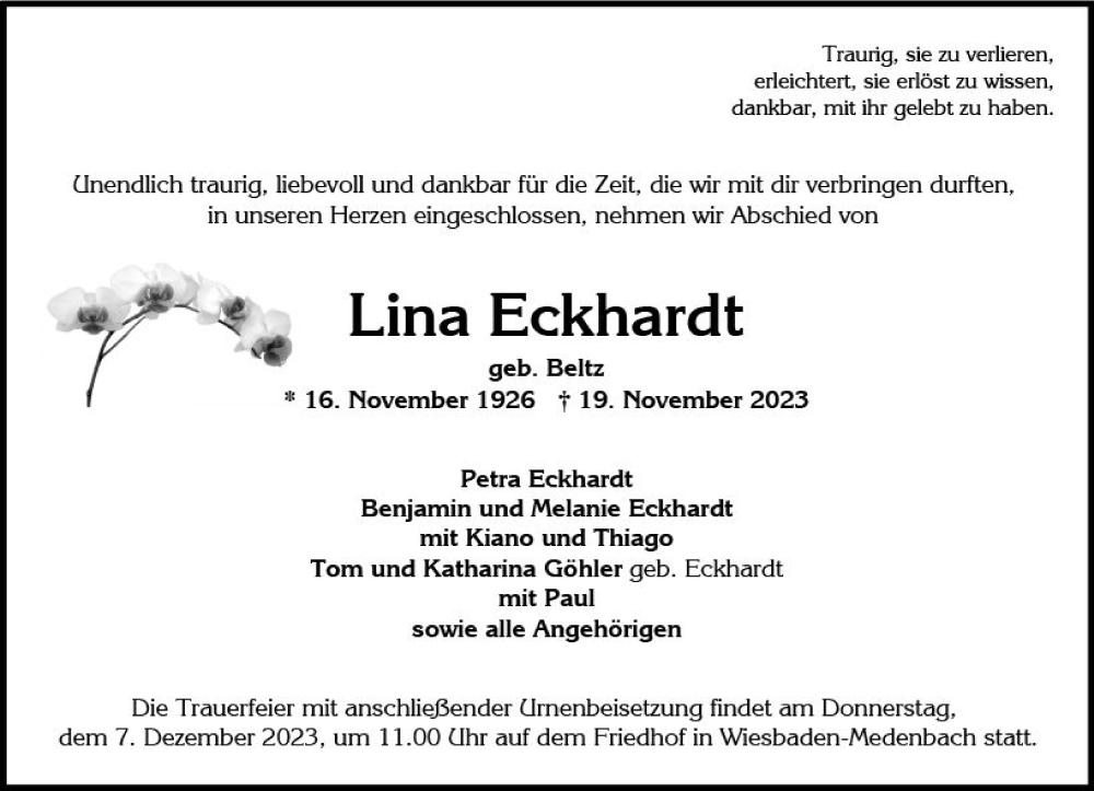  Traueranzeige für Lina Eckhardt vom 25.11.2023 aus Wiesbadener Kurier