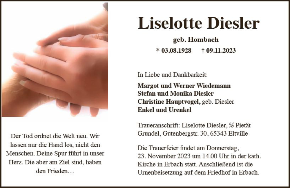  Traueranzeige für Liselotte Diesler vom 21.11.2023 aus Rheingau Kurier