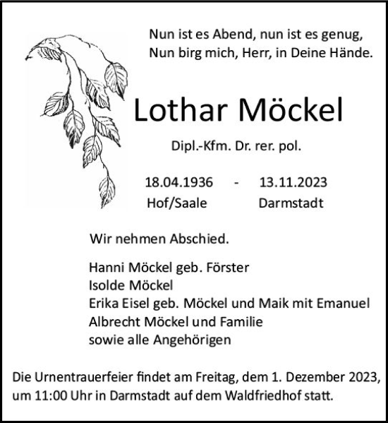 Traueranzeige von Lothar Möckel von Darmstädter Echo