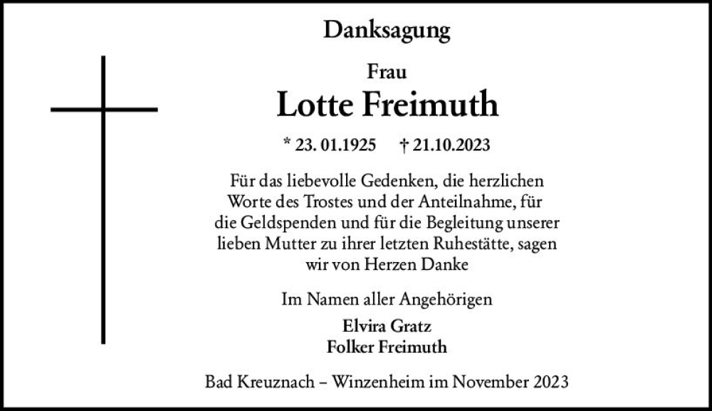  Traueranzeige für Lotte Freimuth vom 18.11.2023 aus Allgemeine Zeitung Bad Kreuznach