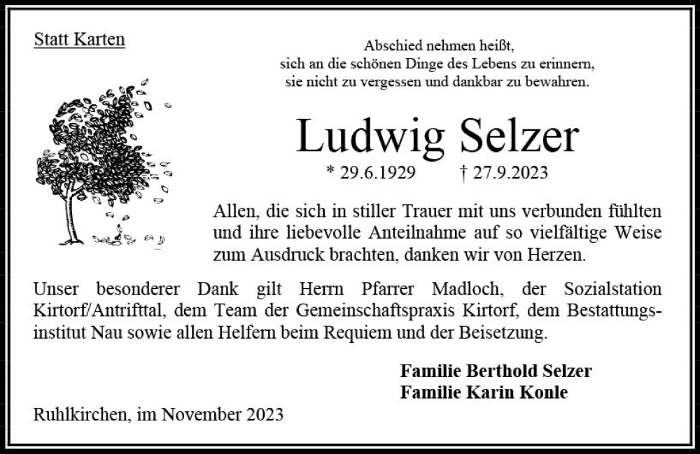  Traueranzeige für Ludwig Selzer vom 04.11.2023 aus Oberhessen Kurier