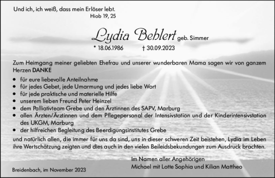 Traueranzeige von Lydia Behlert von Hinterländer Anzeiger