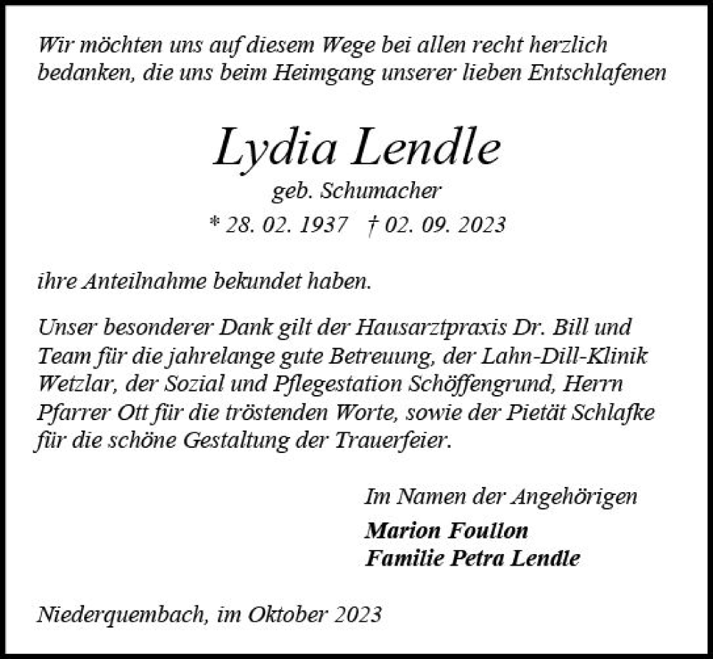  Traueranzeige für Lydia Lendle vom 04.11.2023 aus Wetzlarer Neue Zeitung