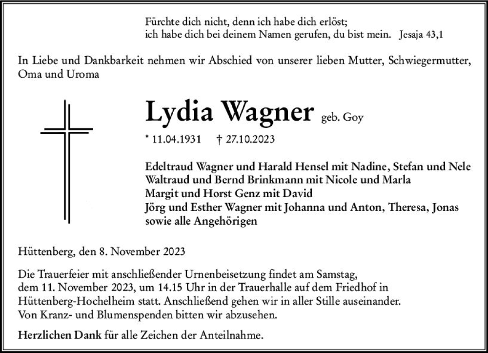  Traueranzeige für Lydia Wagner vom 08.11.2023 aus Wetzlarer Neue Zeitung