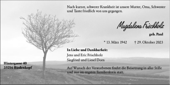 Traueranzeige von Magdalena Frischholz von Hinterländer Anzeiger