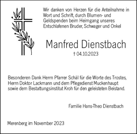 Traueranzeige von Manfred Dienstbach von Weilburger Tageblatt