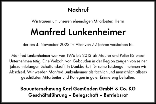 Traueranzeige von Manfred Lunkenheimer von Allgemeine Zeitung Bingen/Ingelheim