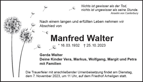 Traueranzeige von Manfred Walter von Darmstädter Echo