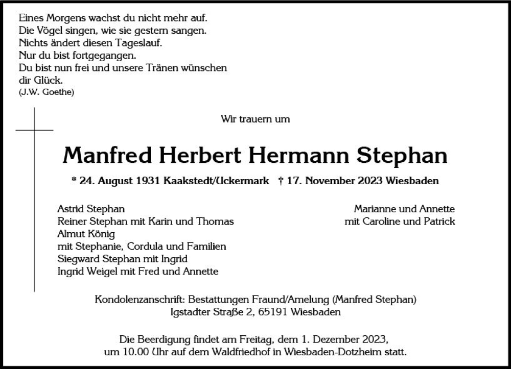  Traueranzeige für Manfred Herbert Hermann Stephan vom 25.11.2023 aus Wiesbadener Kurier