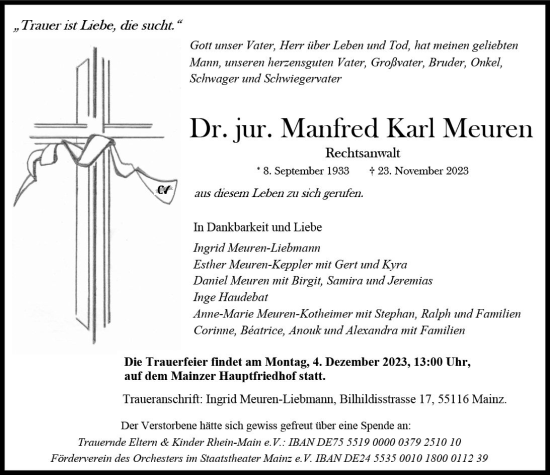 Traueranzeige von Manfred Karl Meuren von Allgemeine Zeitung Mainz