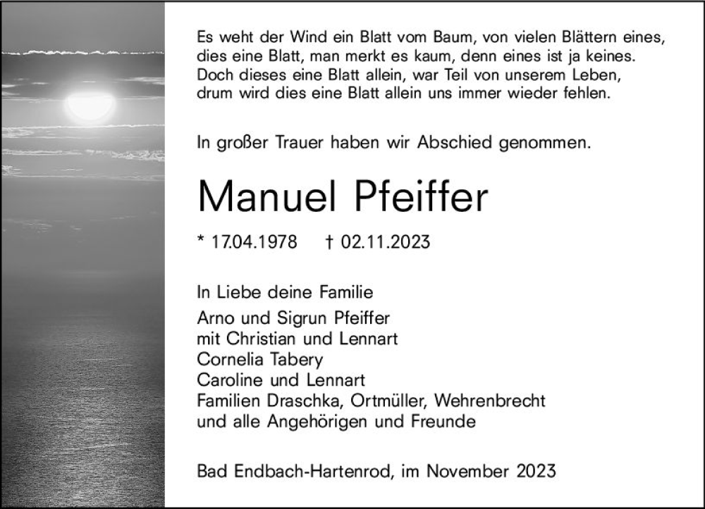 Traueranzeige für Manuel Pfeiffer vom 20.11.2023 aus Hinterländer Anzeiger